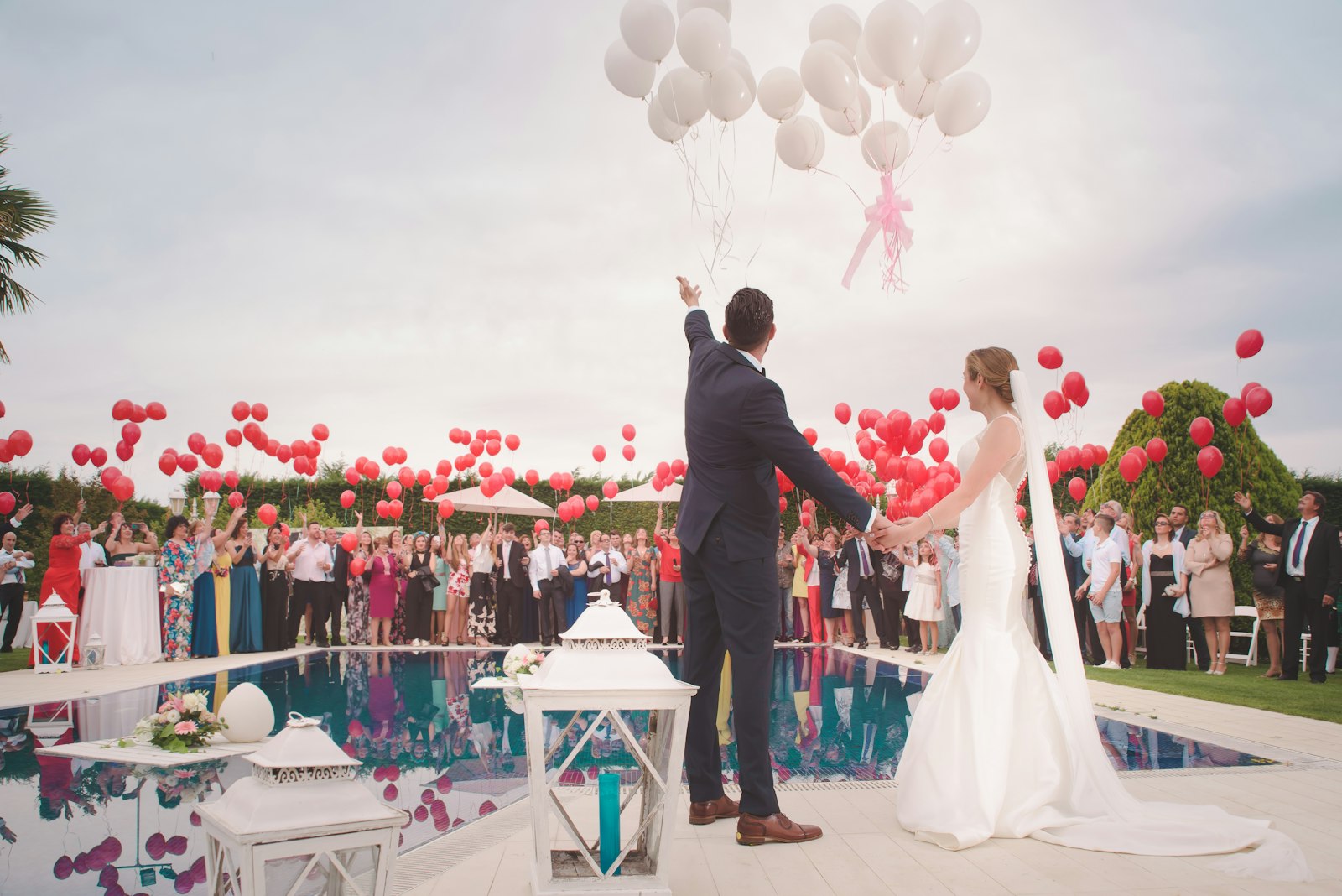 The ceremony garden, balloons over the pool