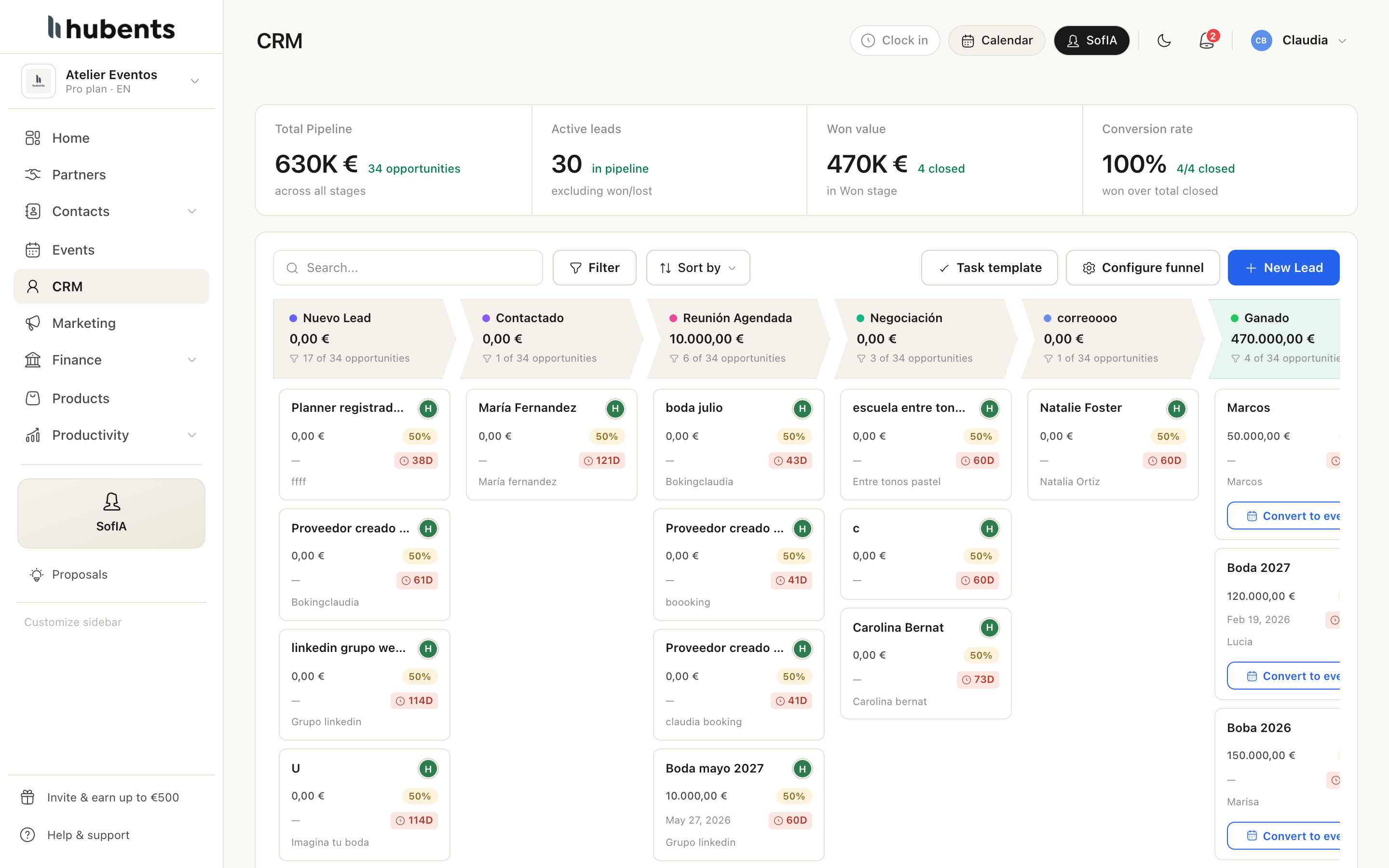 The real Hubents CRM: funnel with stages New lead, Contacted, Meeting booked, Proposal sent, Won and Lost, with sample leads