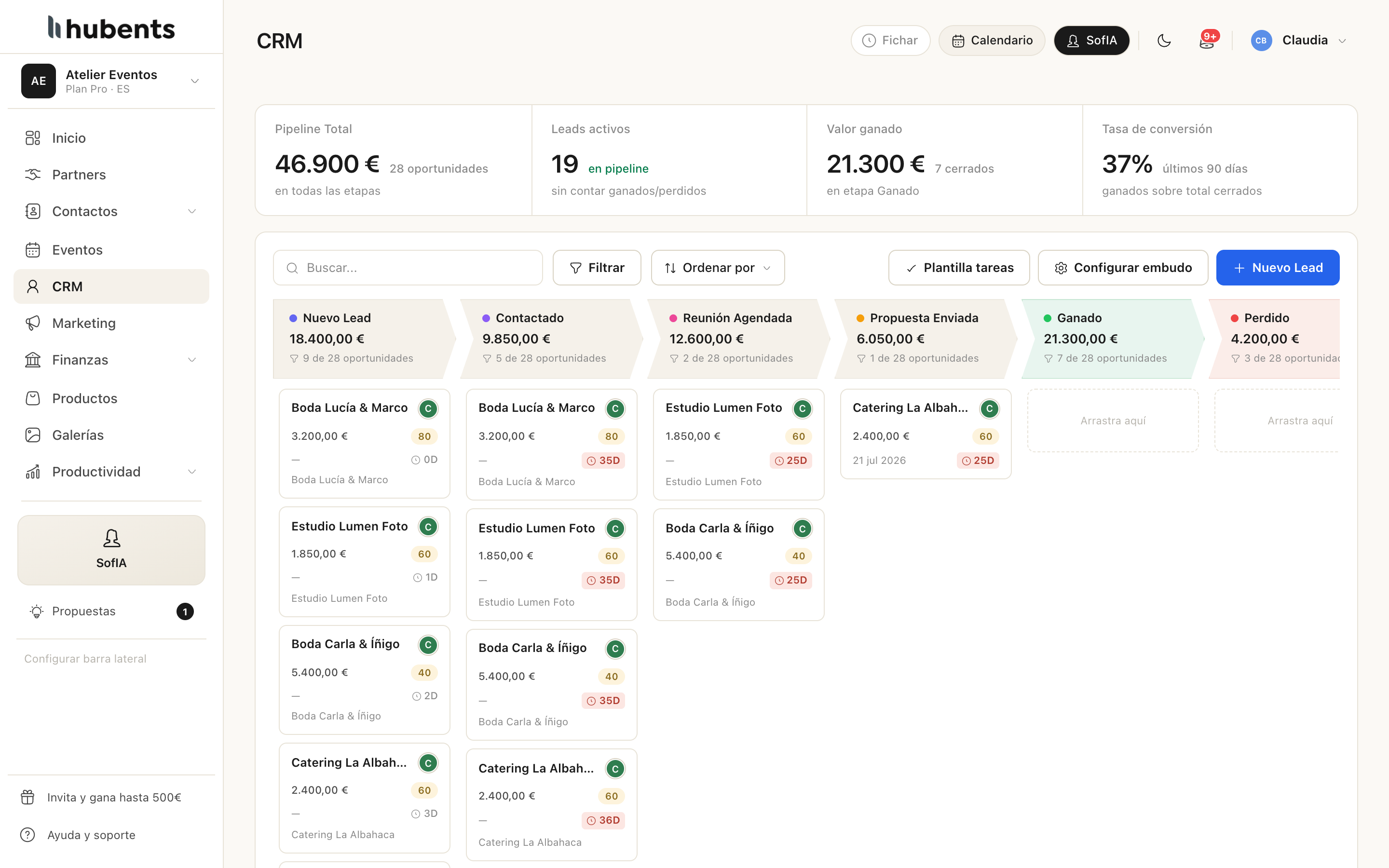 El CRM real de Hubents: embudo con etapas Nuevo lead, Contactado, Reunión agendada, Propuesta enviada, Ganado y Perdido, con leads de ejemplo