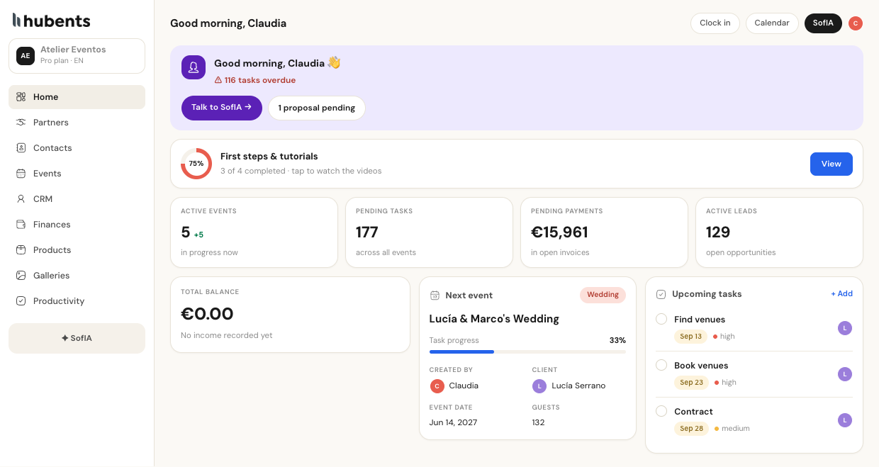 A planner's home dashboard in Hubents: active events, pending tasks and payments, next event, timeline and quick access