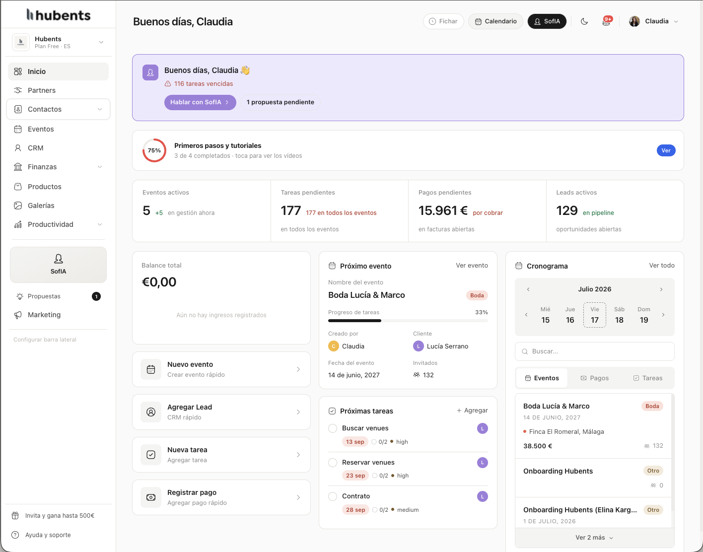 El panel de inicio de la planner en Hubents: eventos activos, tareas y pagos pendientes, próximo evento, cronograma y accesos rápidos