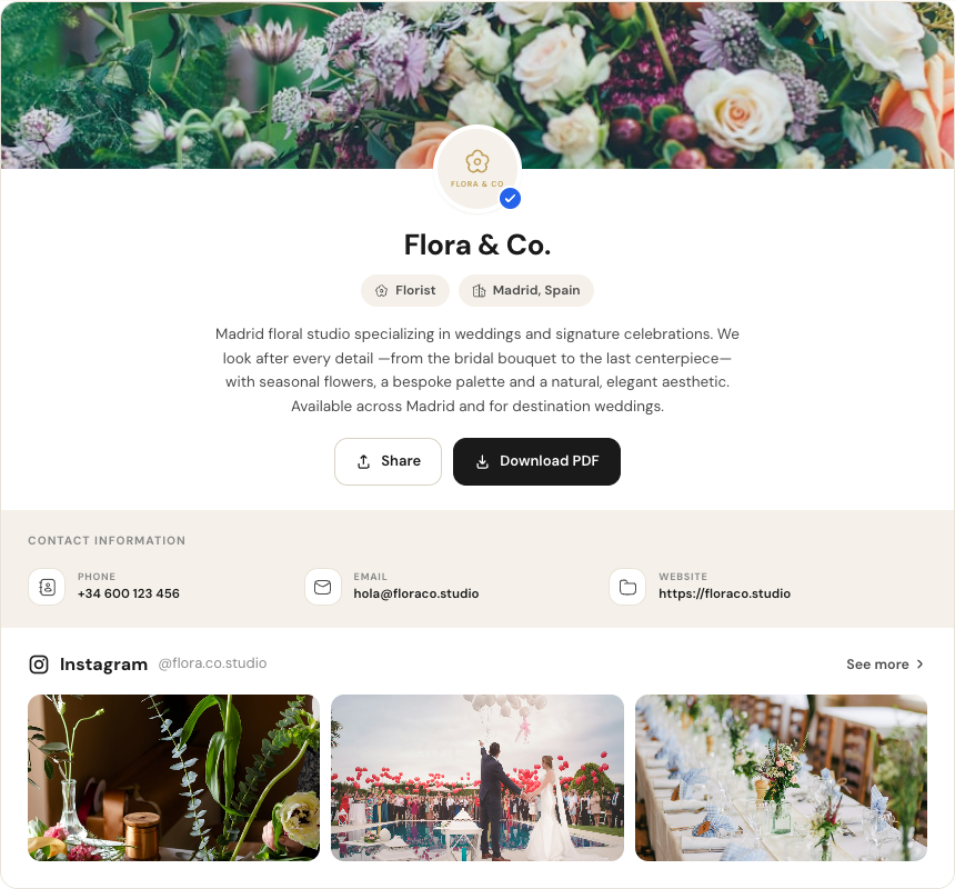 A vendor's public profile in Hubents (Flora & Co.), with portfolio, contact details and Instagram